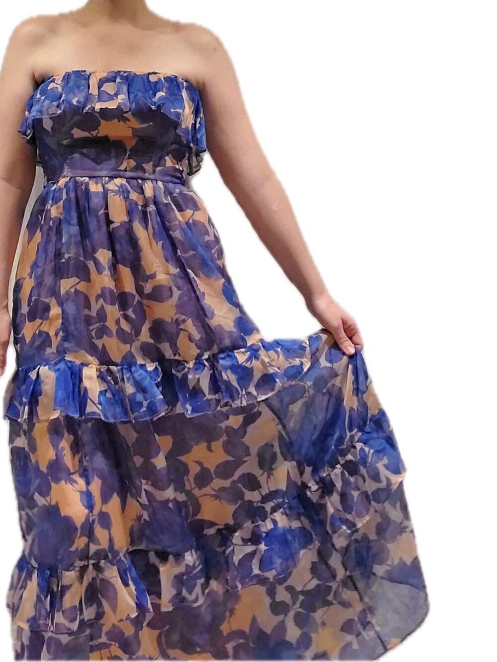 Anthropologie Blue Beige Strapless Tiered Maxi Dress